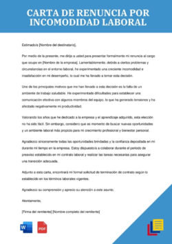 Carta de renuncia por incomodidad laboral en un trabajo