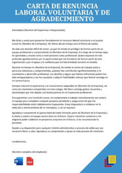 Ejemplo de carta de renuncia laboral, voluntaria y de agradecimiento para utilizar