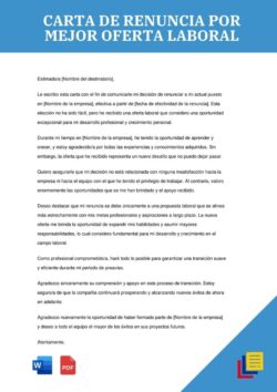 Carta de renuncia laboral al haber recibido una oferta mejor